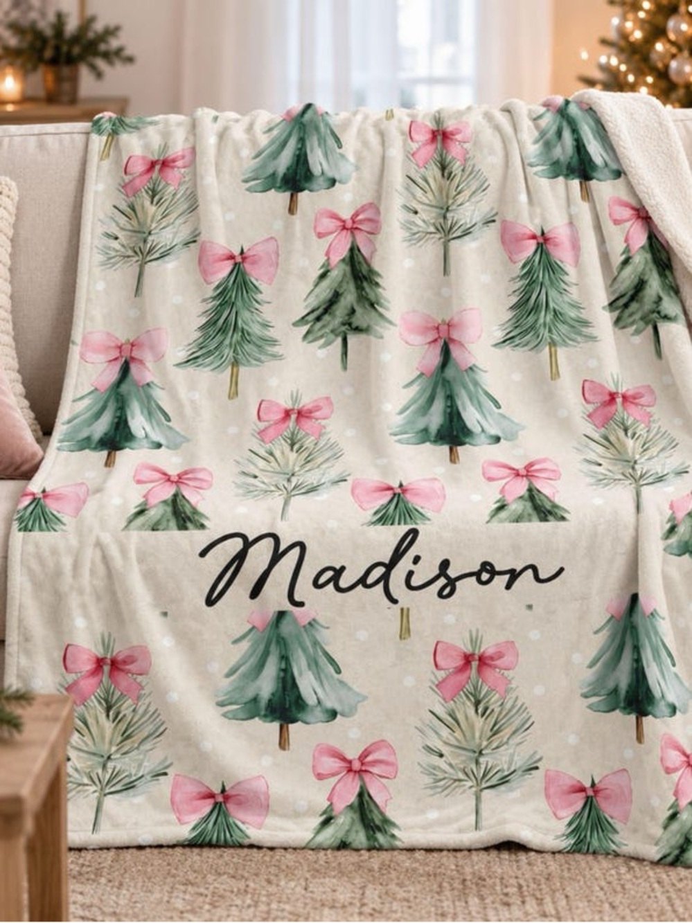 Personalized Madison Plush Holiday Throw Blanket - Green & Pink